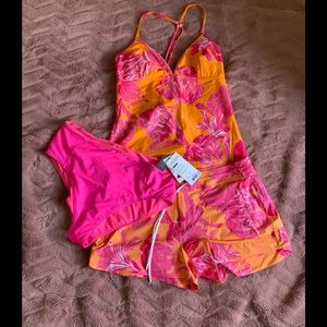 Athleta tanking, board short and swim bottom